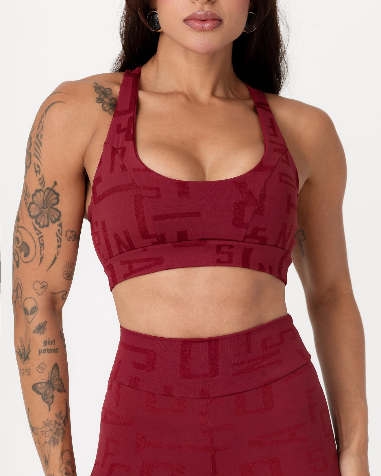 Conjunto Fitness Jacquard Texturizado Top Nadador e Calça Legging Marsala (3)