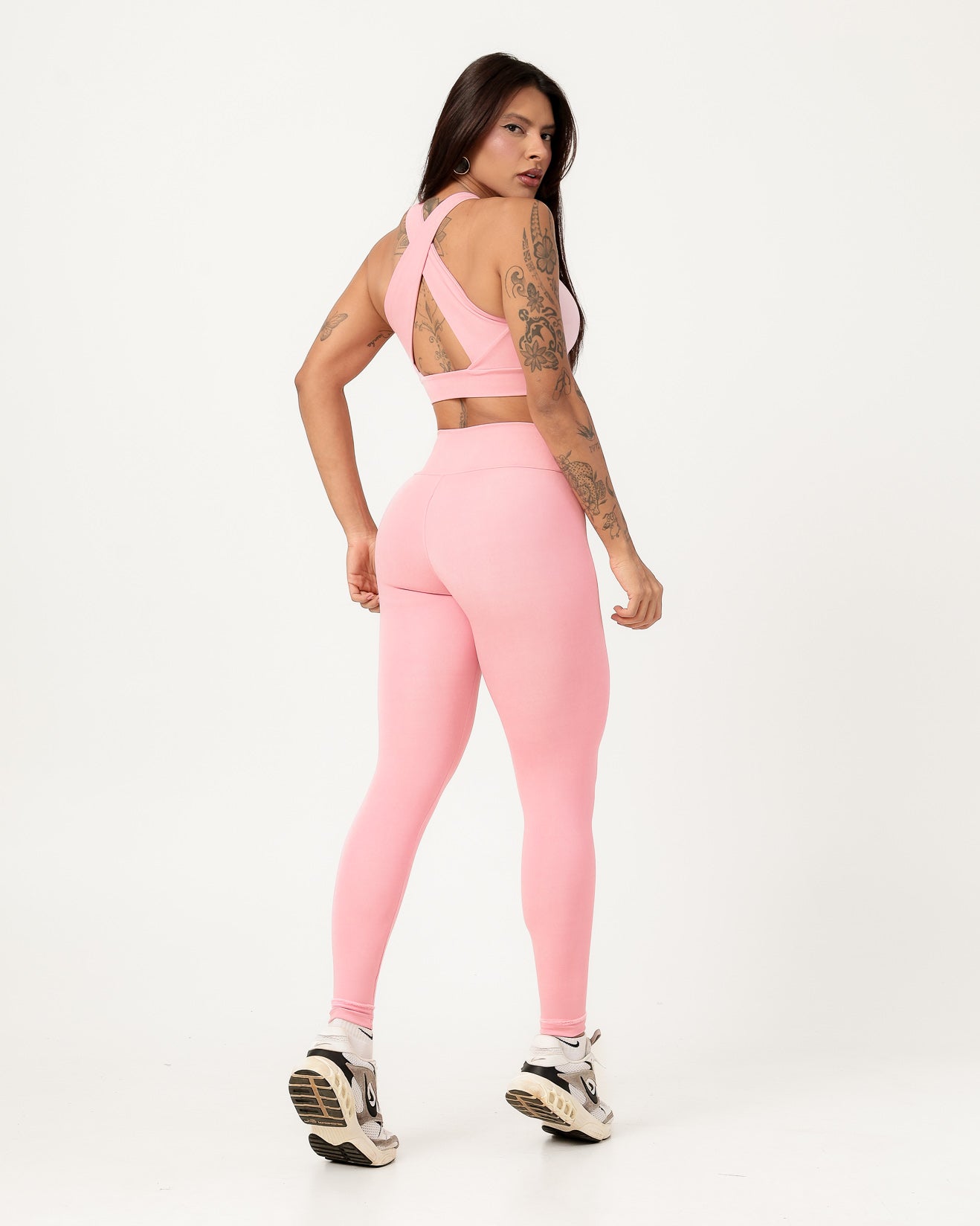 Conjunto Top Cruzado nas Costas e Calça Legging Rosa Claro (1)