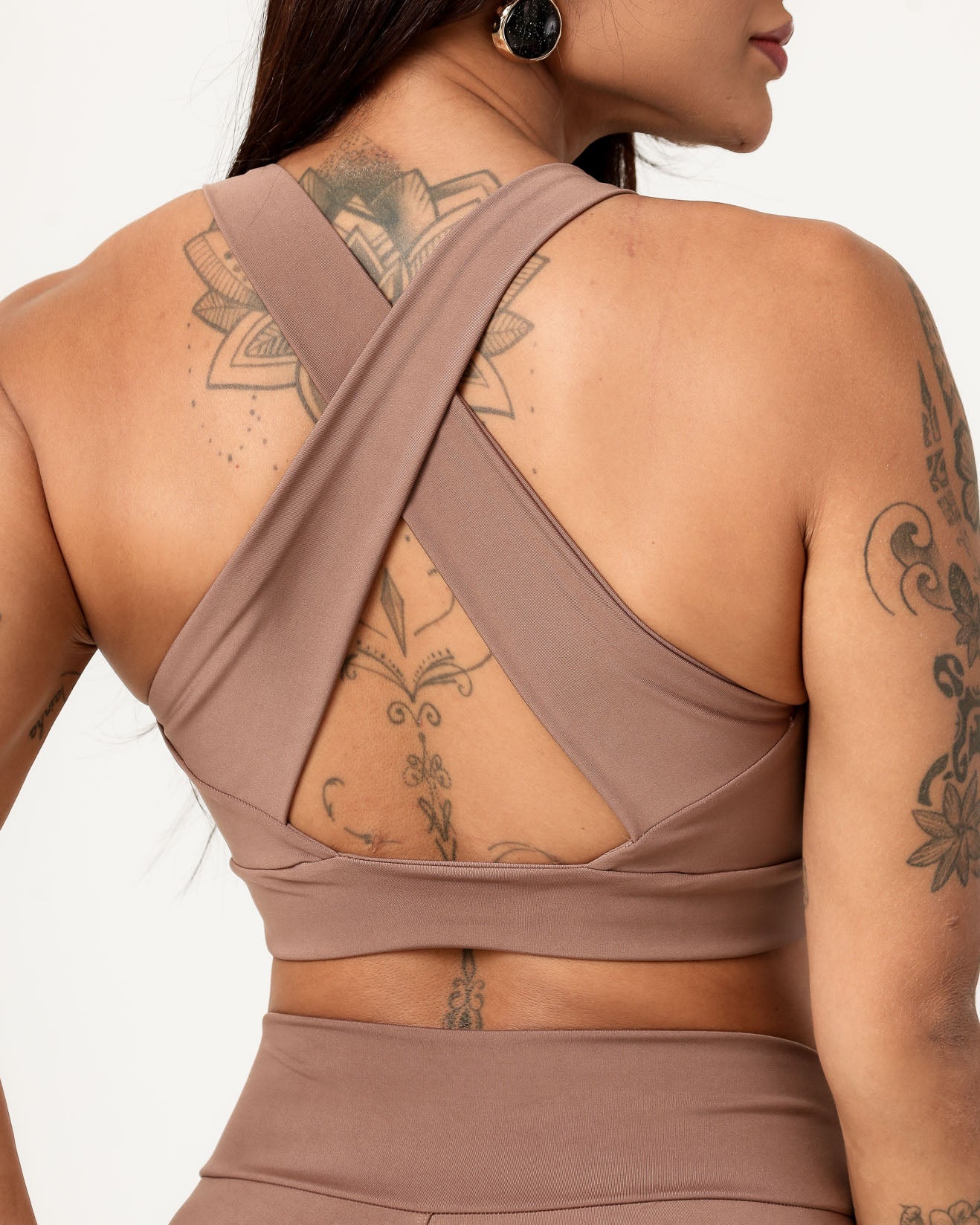 Conjunto Top Cruzado nas Costas e Calça Legging Bege Escuro (3)