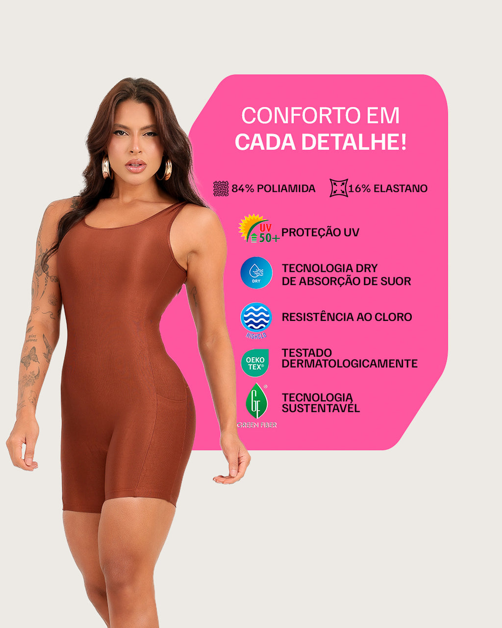 Macaquinho Canelado com Bolso Poliamida Marrom (1)