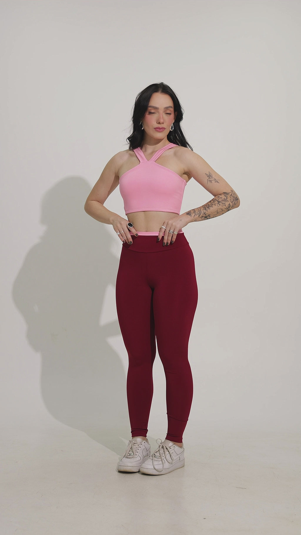 Conjunto Bicolor Top Alça V e Calça Legging Rosa/Marsala