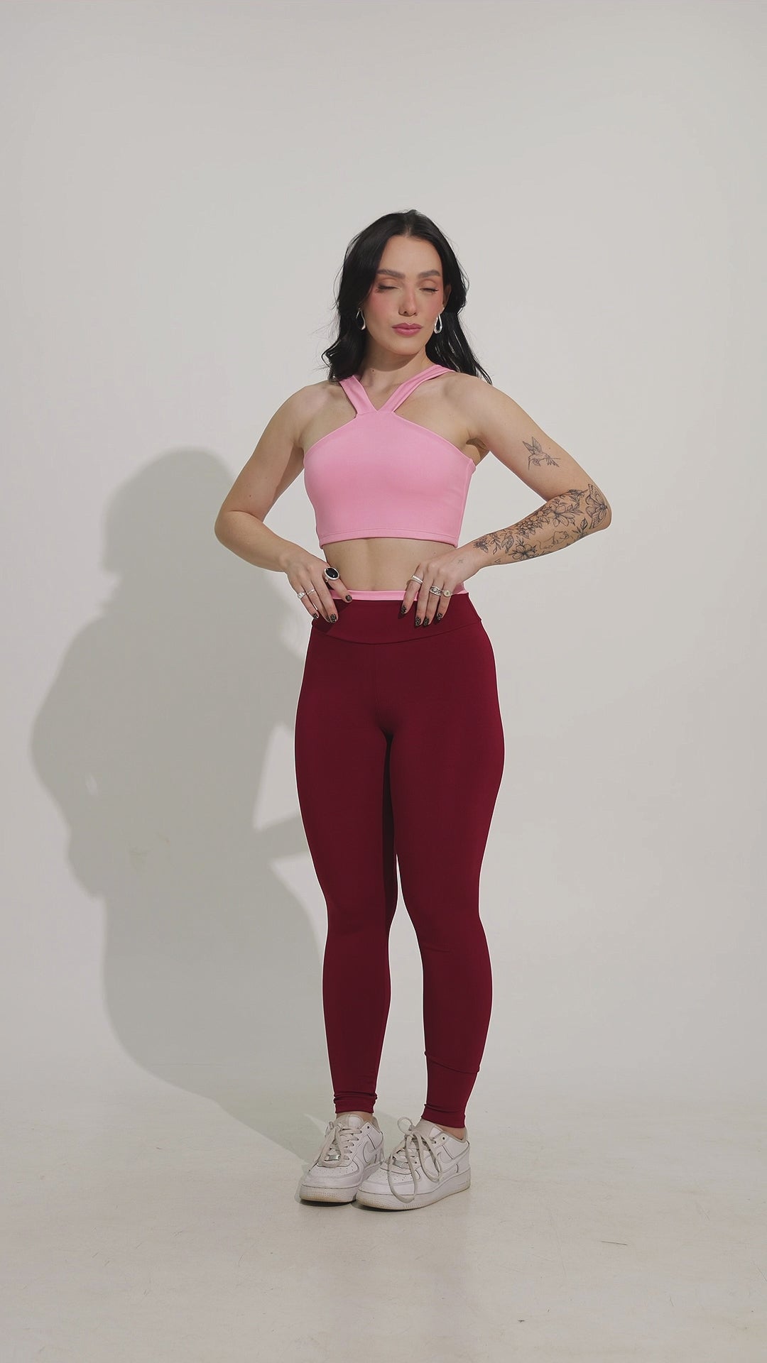 Conjunto Bicolor Top Alça V e Calça Legging Rosa/Marsala
